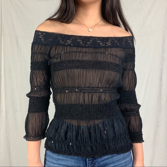 sirens Tops - sirens small black sheer mesh shirred blouse
